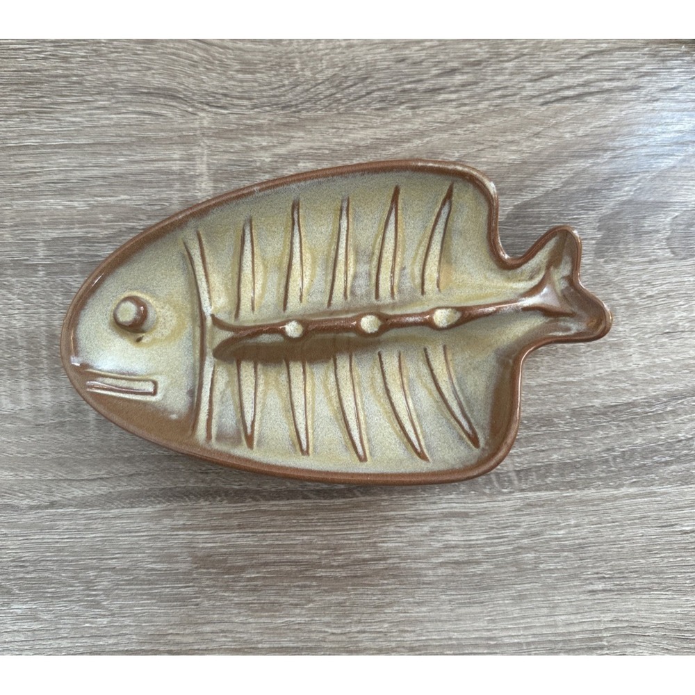 Frankoma Pottery Fish Bone Ashtray T8 Green & Brown Trinket Dish Man Cave Decor